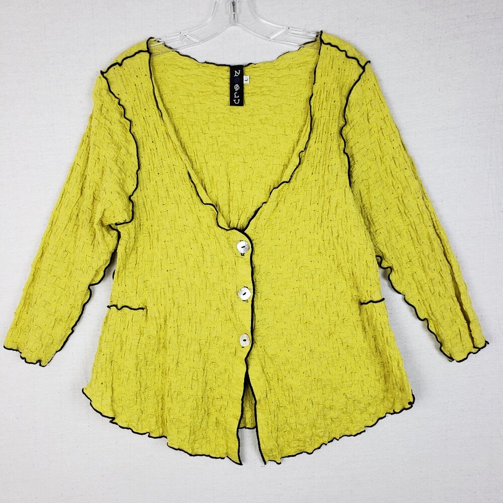 NOBLU Pucker Tunic Top Cardigan Yellow size L Art-to-Wear Lagenlook Boho Funky